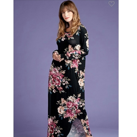 Oddy Black Floral Long Sleeve Maxi Dress w Pockets - Picture 9 of 9
